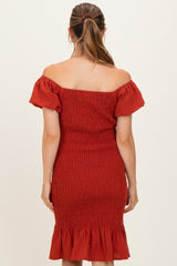 Rust Smocked Off Shoulder Ruffle Hem Maternity Dress