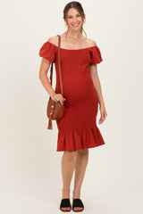 Rust Smocked Off Shoulder Ruffle Hem Maternity Dress