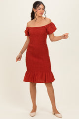 Rust Smocked Off Shoulder Ruffle Hem Maternity Dress
