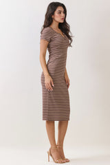 Dark Brown Striped Henley Midi Dress