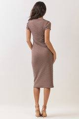 Dark Brown Striped Henley Midi Dress