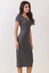 Charcoal Striped Henley Midi Dress