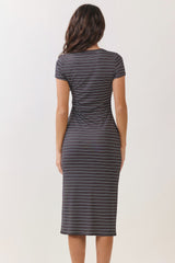 Charcoal Striped Henley Midi Dress