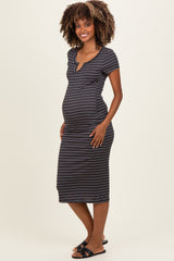Charcoal Striped Henley Maternity Midi Dress