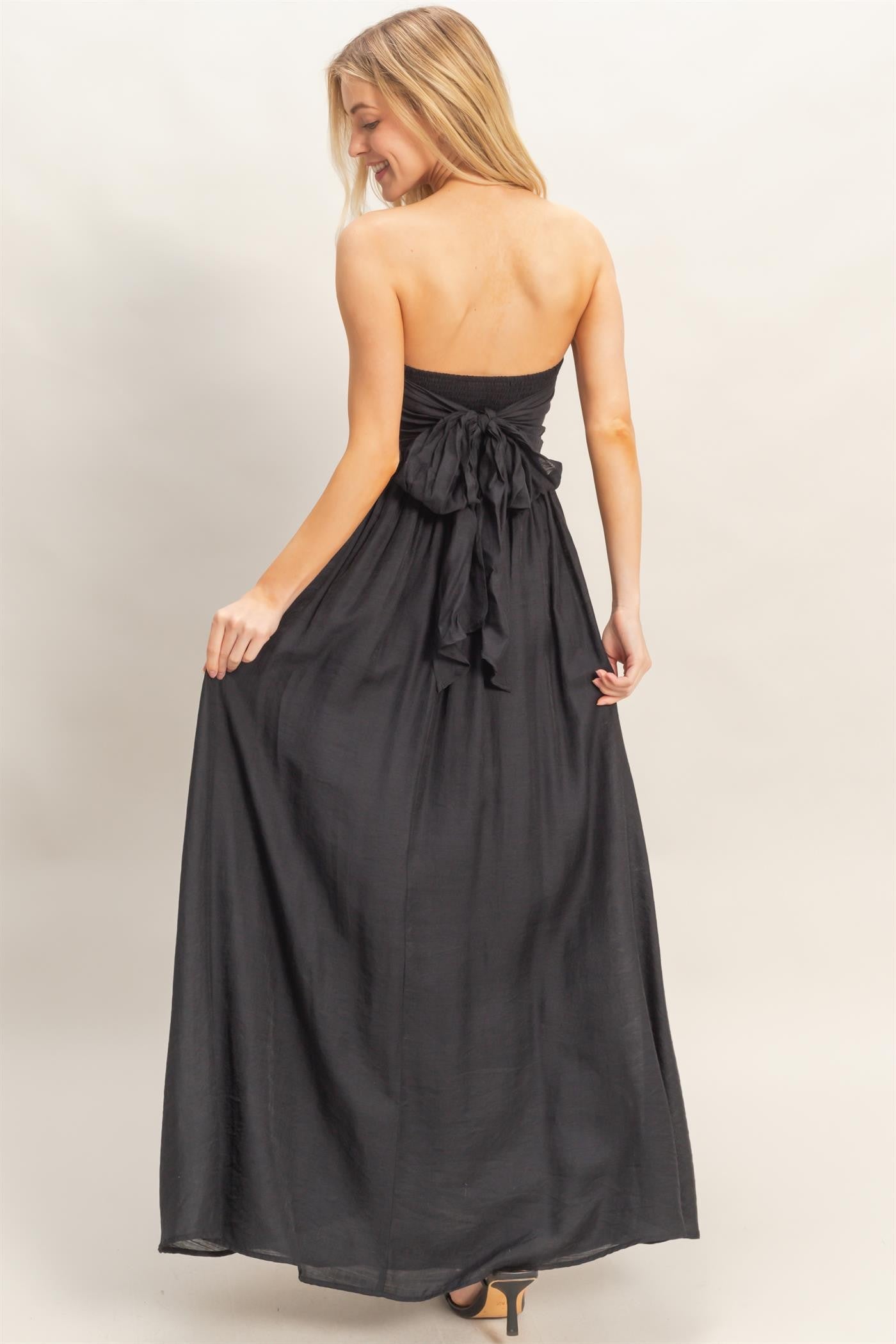 Black Strapless Tie Back Maxi Dress