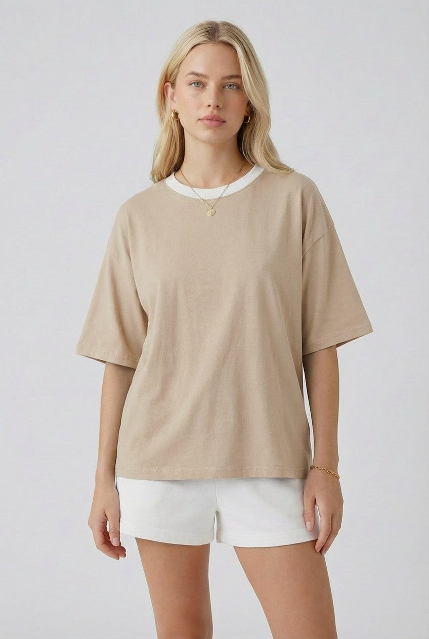 Sand Relaxed Fit Contrast Neckline Maternity Tee