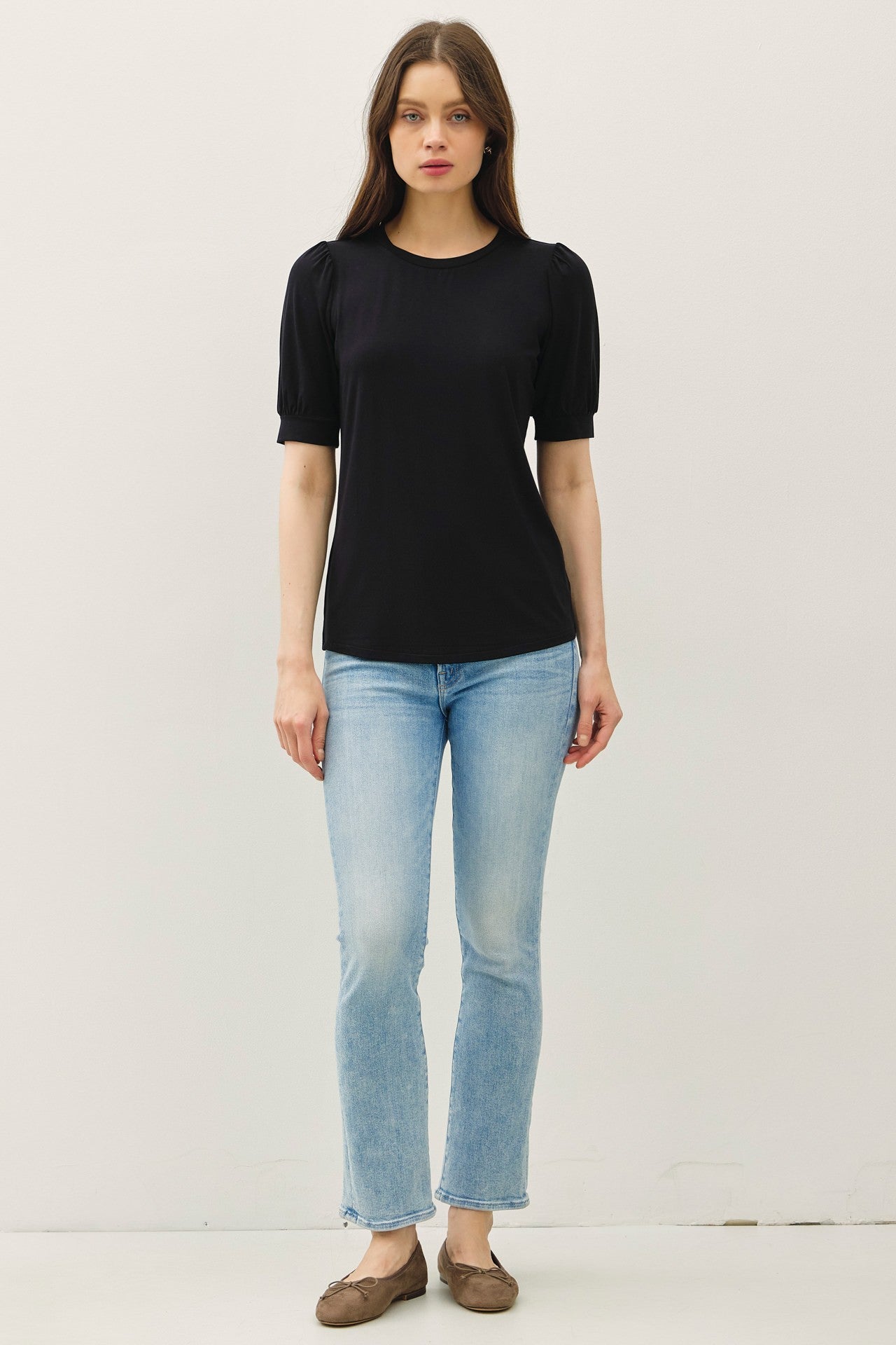 Black Puff Sleeve Basic Top