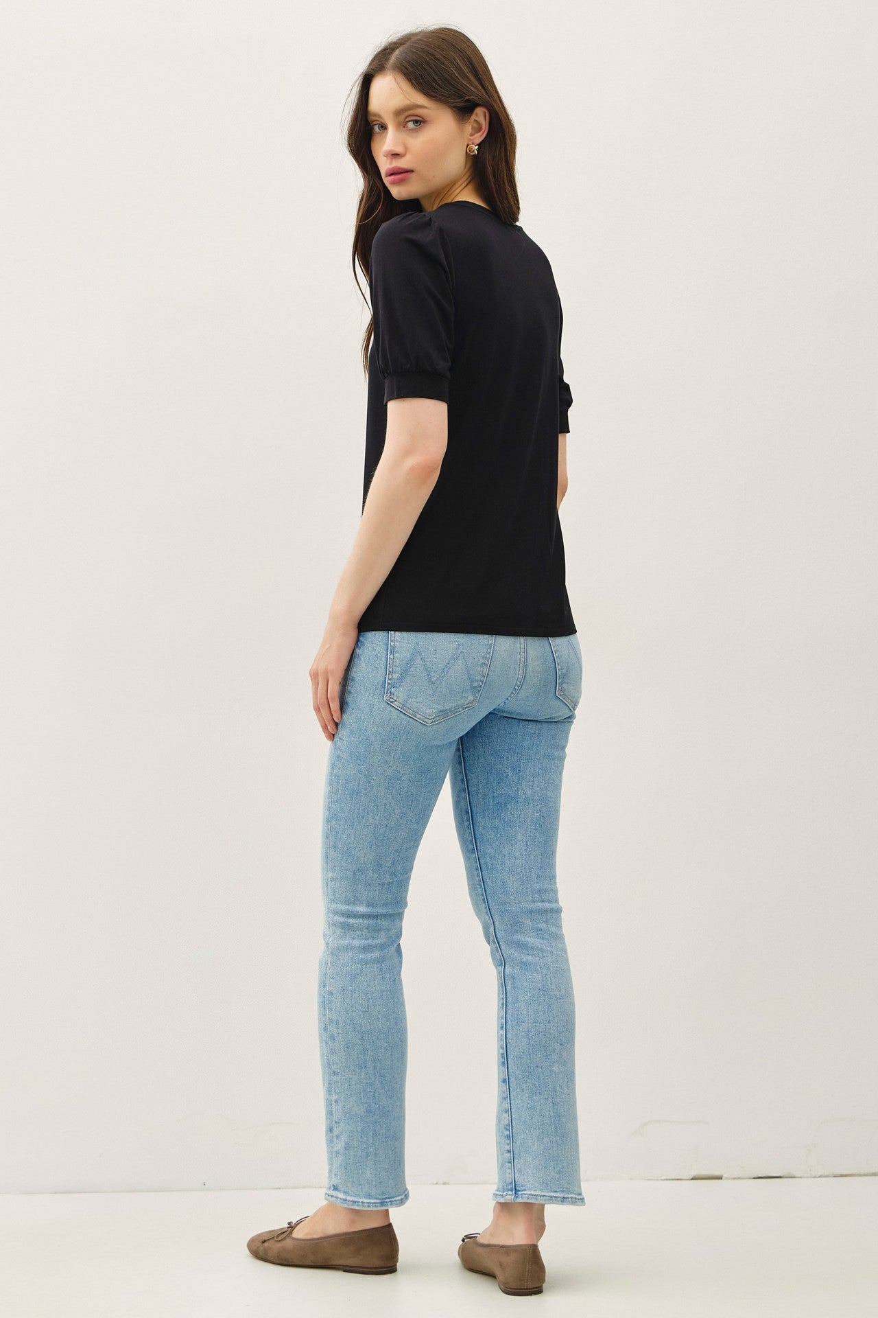 Black Puff Sleeve Basic Top
