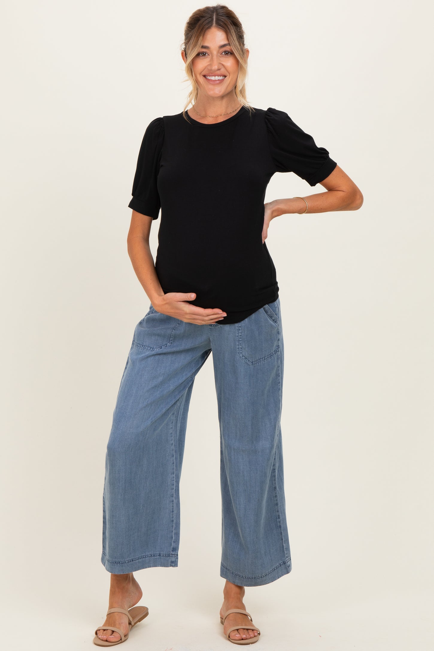 Black Puff Sleeve Basic Maternity Top
