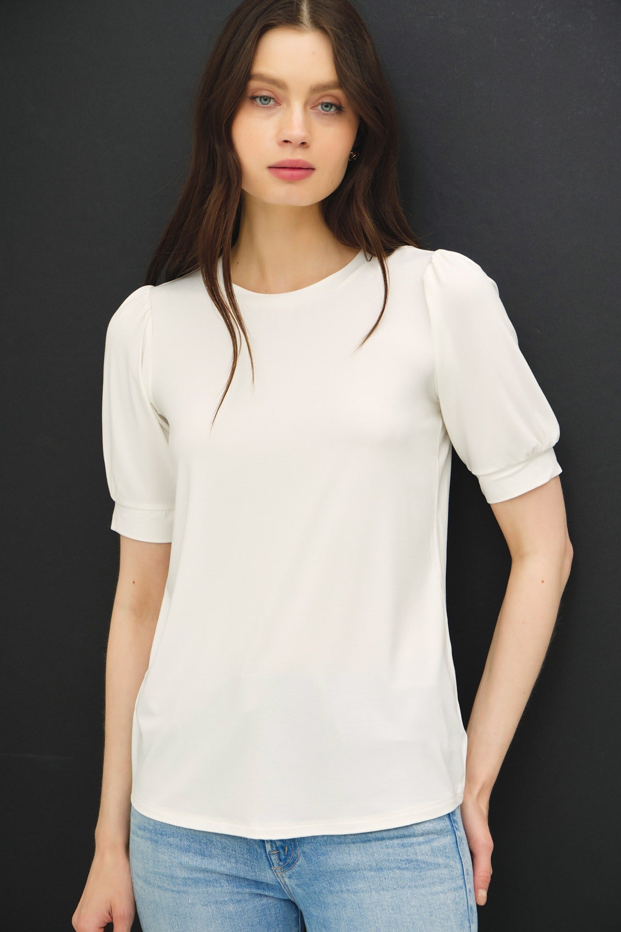 White Puff Sleeve Basic Top