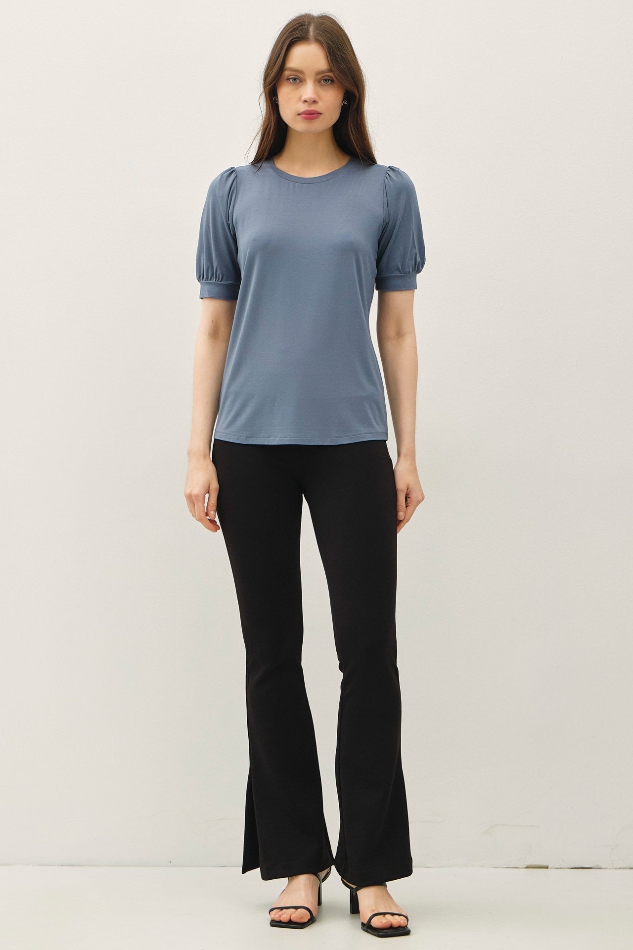 Blue Teal Puff Sleeve Basic Top