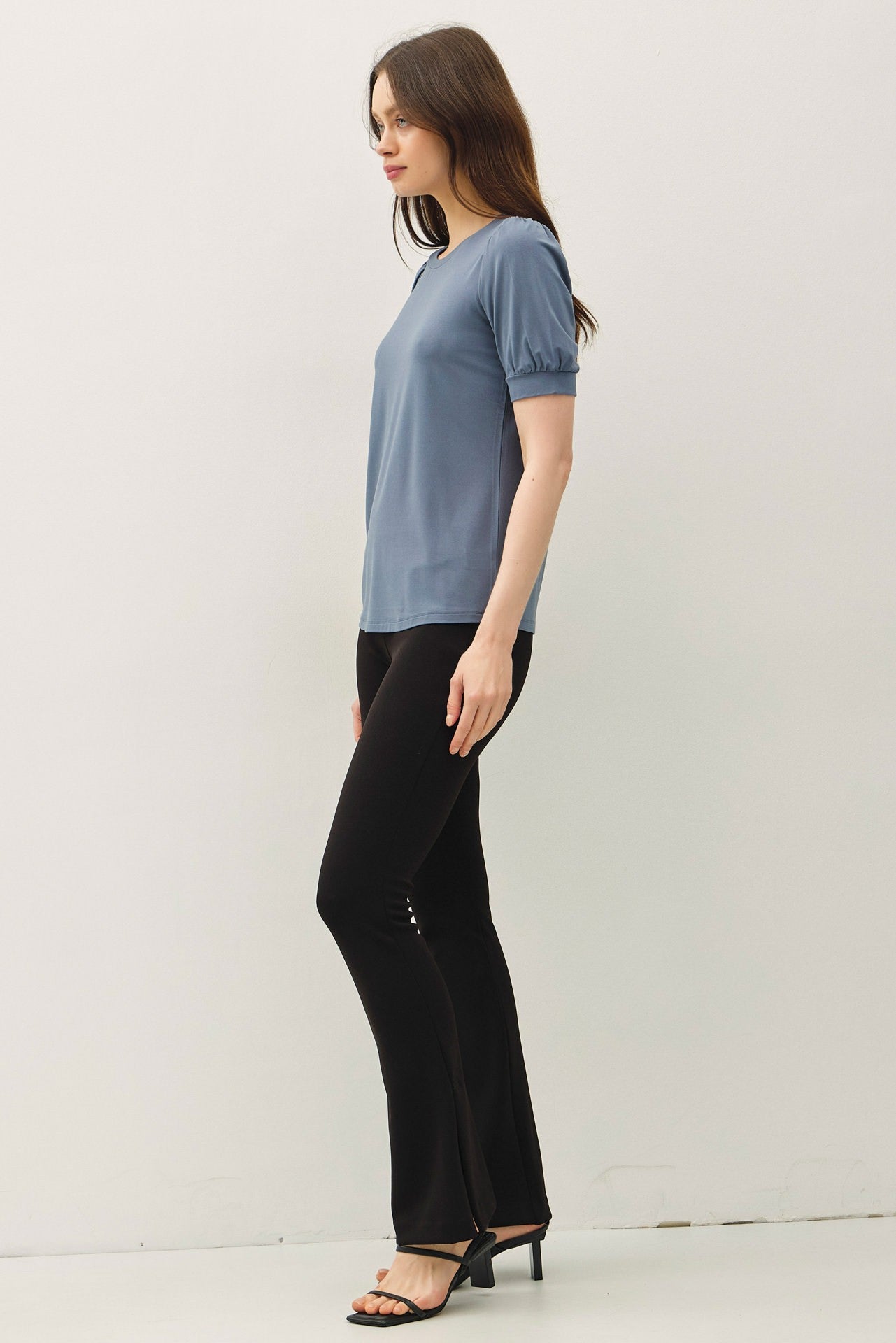 Blue Teal Puff Sleeve Basic Top