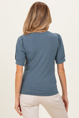 Blue Teal Puff Sleeve Basic Maternity Top