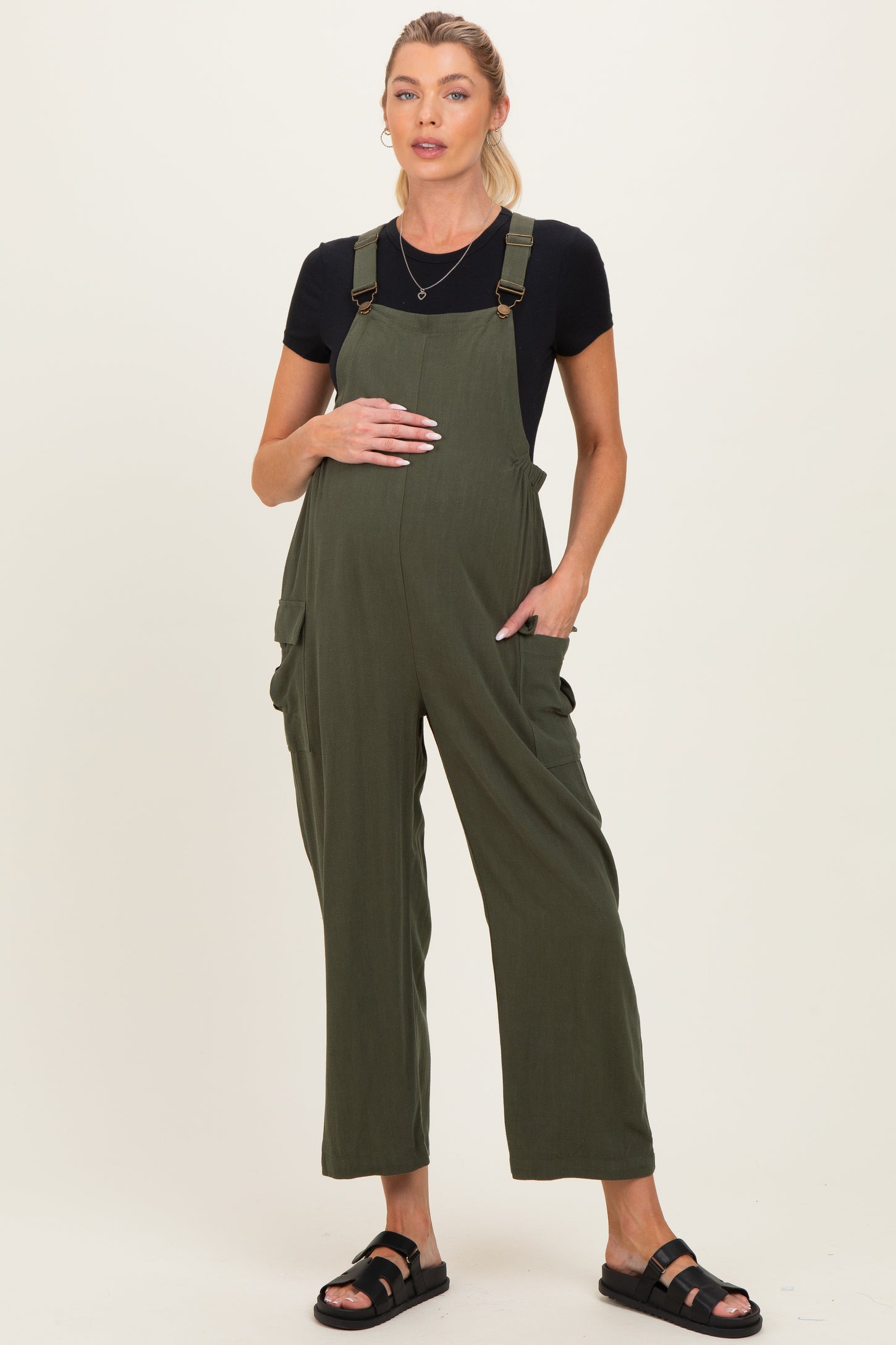 Olive Straight Leg Maternity Adjustable Overalls