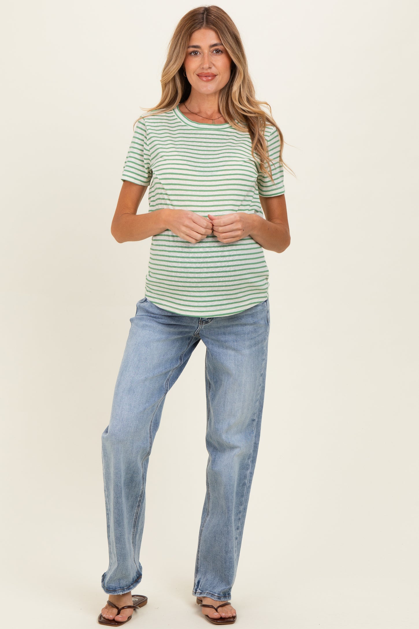 Green Striped Maternity Short Sleeve Top