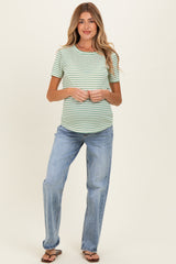 Green Striped Maternity Short Sleeve Top