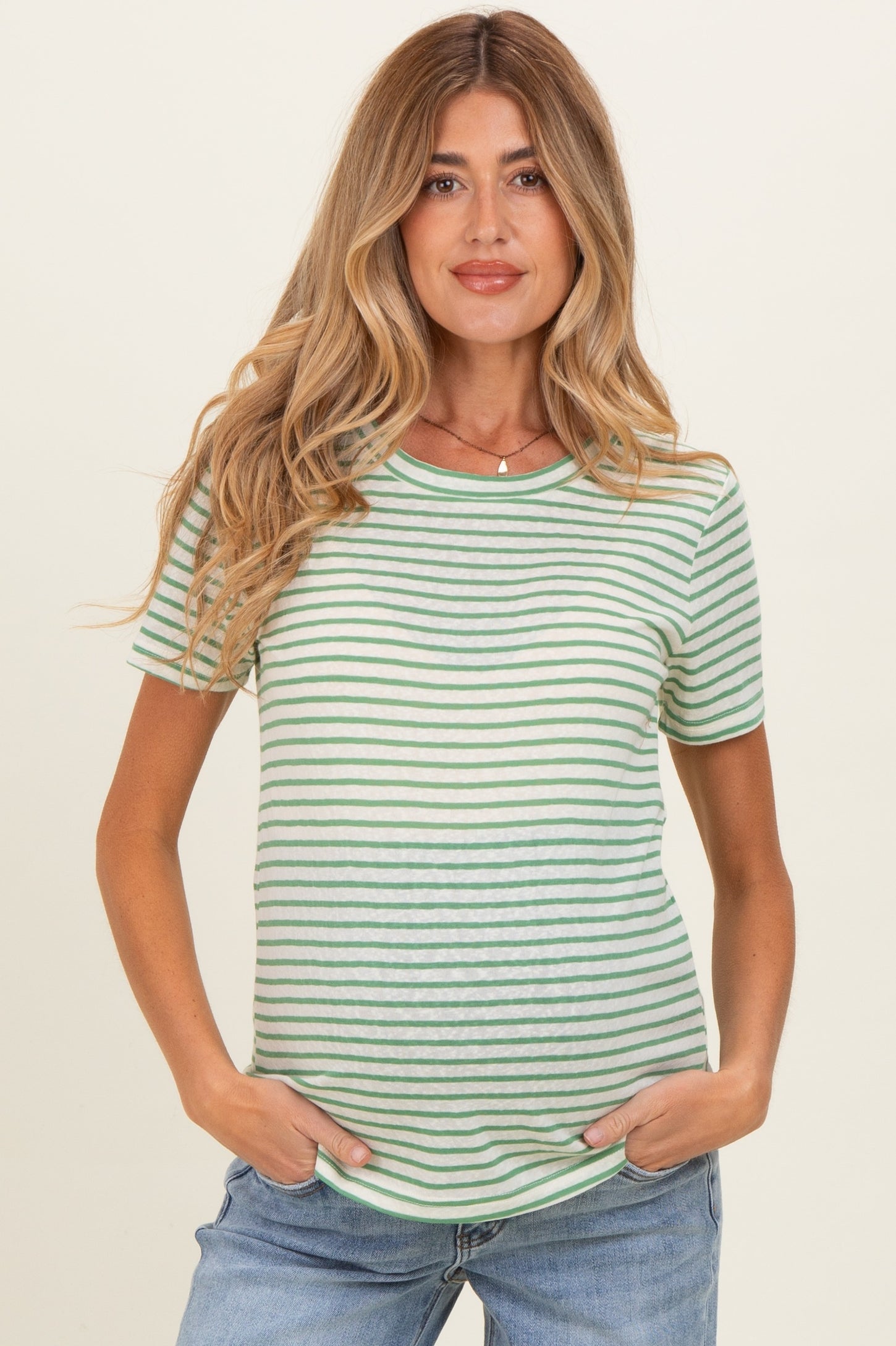 Green Striped Maternity Short Sleeve Top