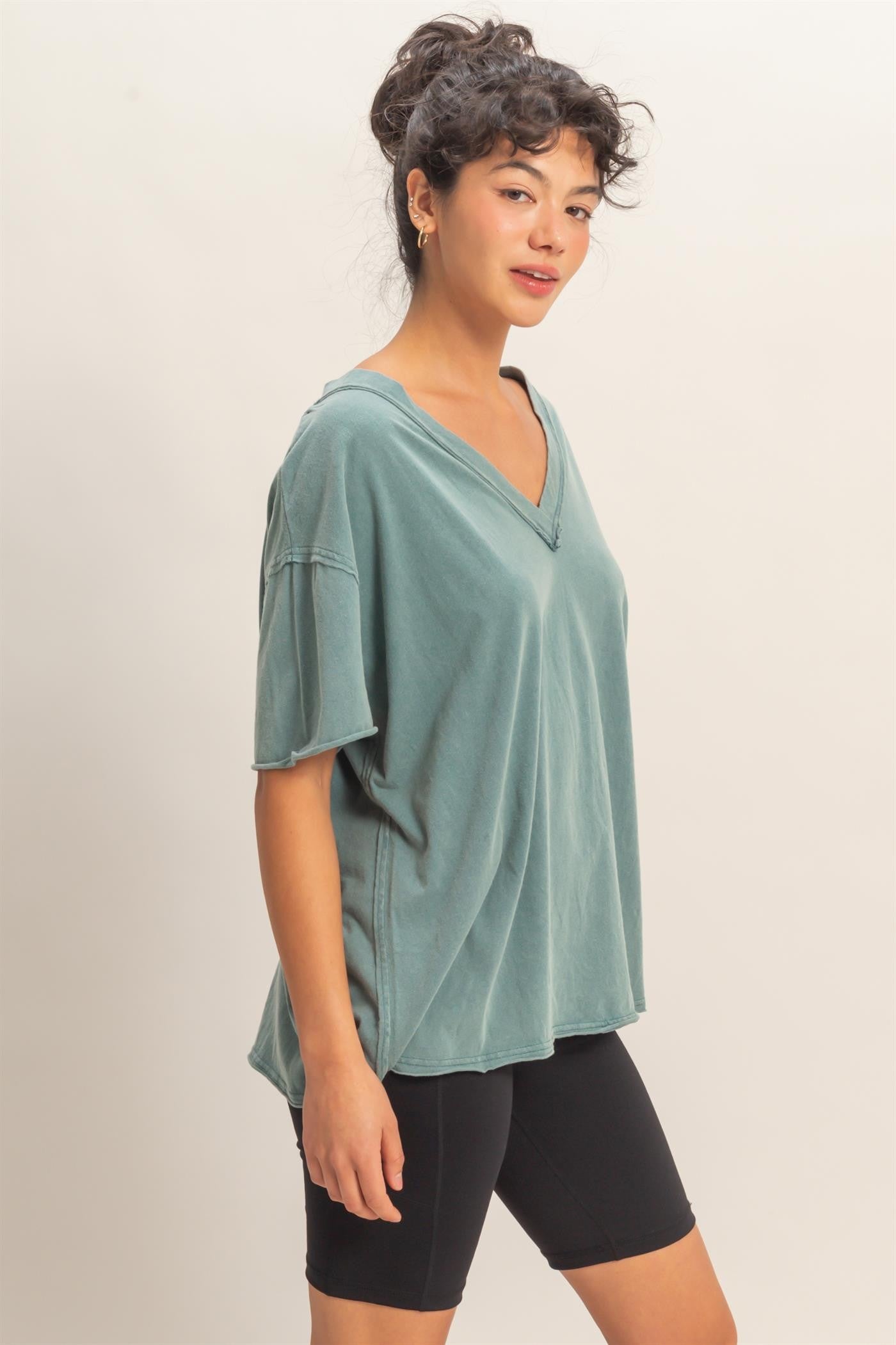 Teal Washed V-Neck Oversized Tee
