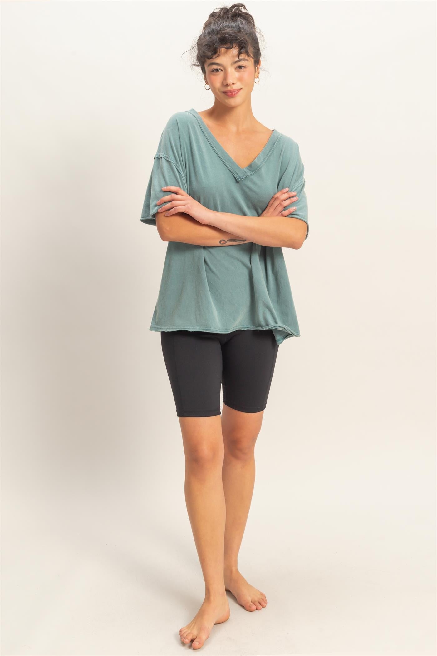 Teal Washed V-Neck Oversized Tee