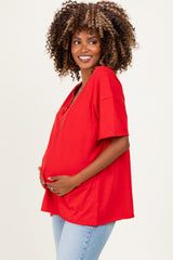 Red Washed V-Neck Oversized Maternity Tee