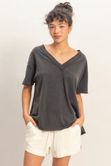 Black Washed V-Neck Oversized Maternity Tee