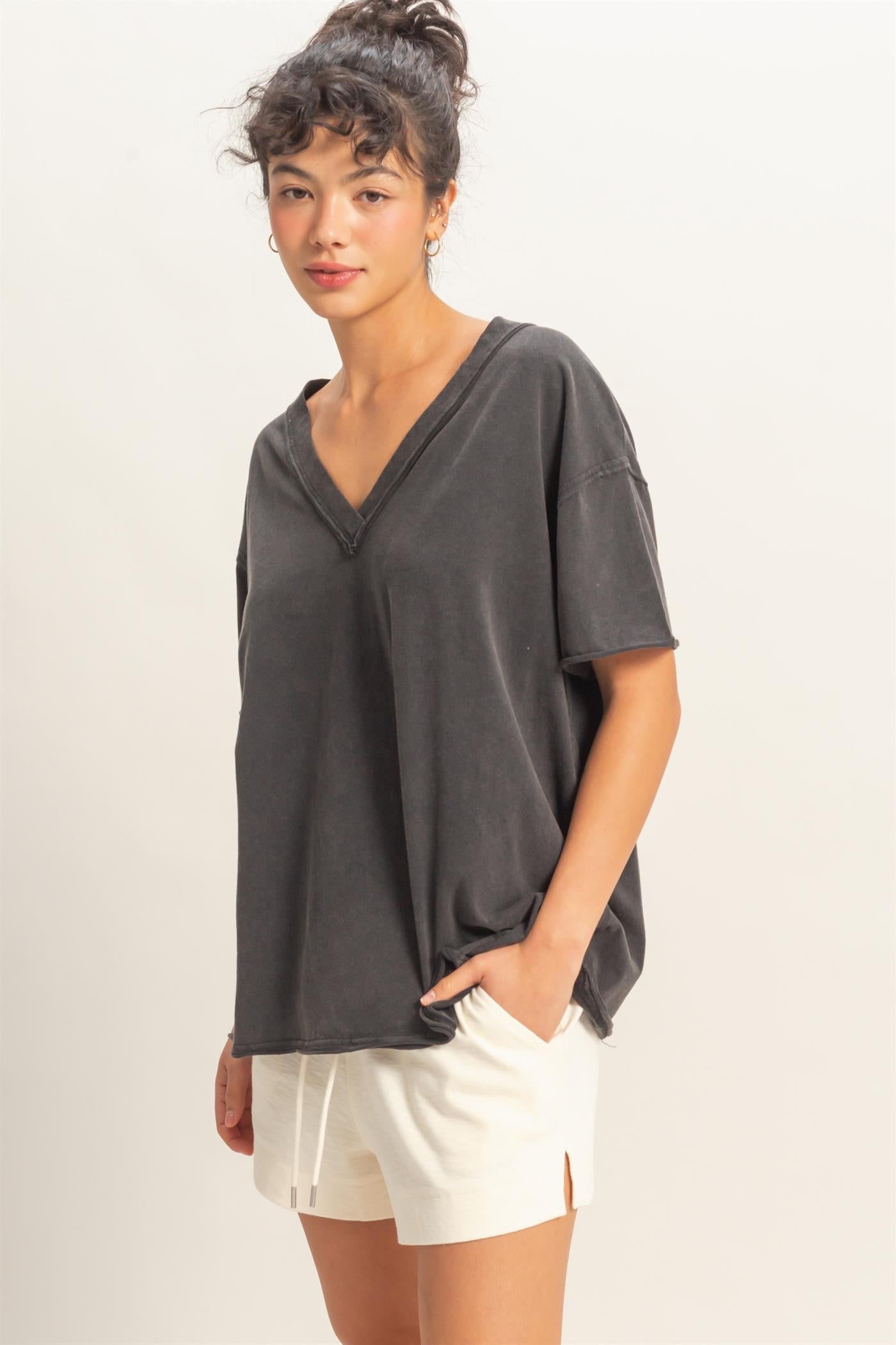 Black Washed V-Neck Oversized Tee