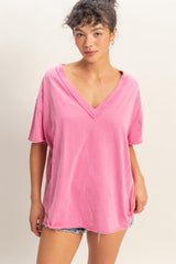 Fuchsia Washed V-Neck Oversized Tee