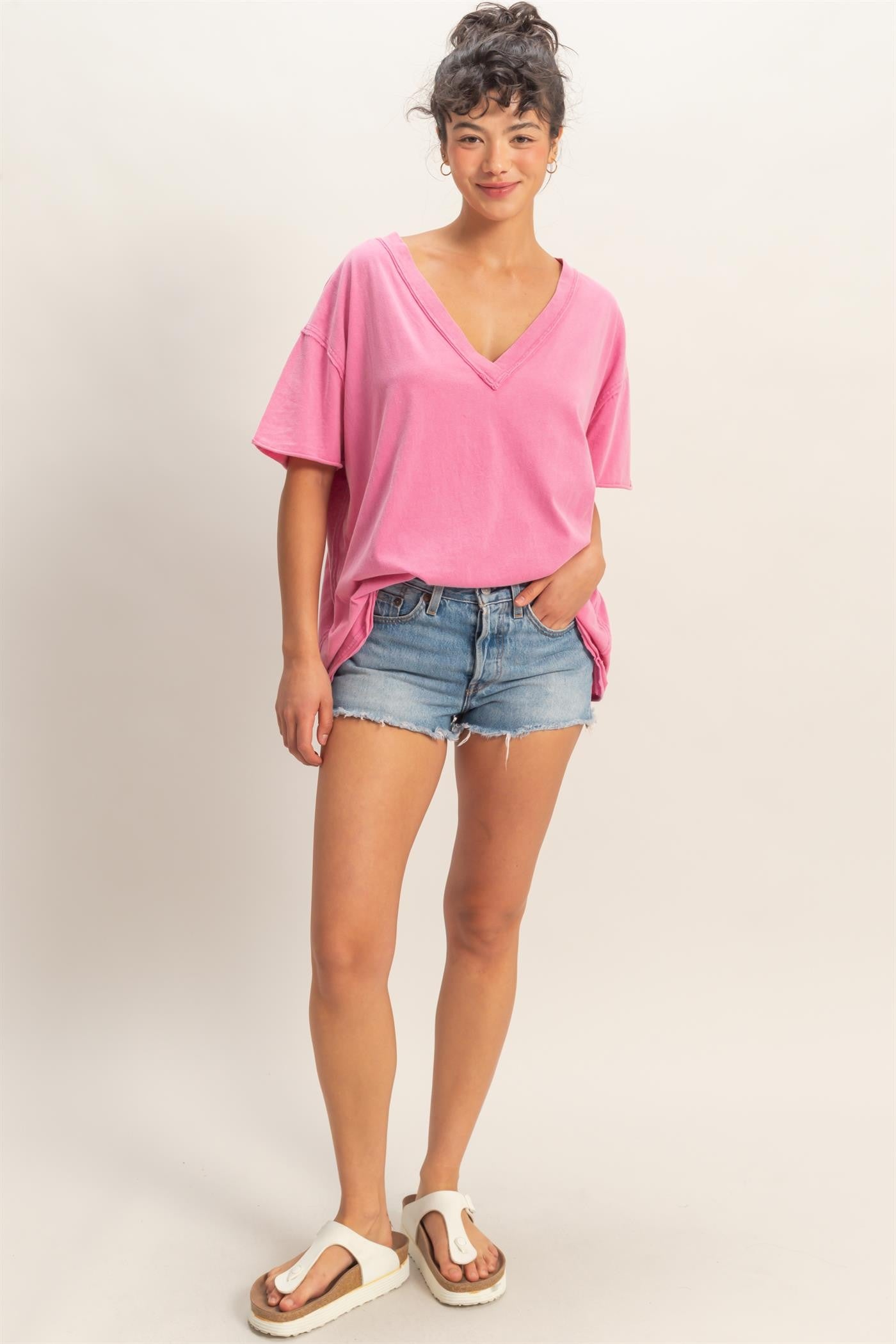 Fuchsia Washed V-Neck Oversized Tee