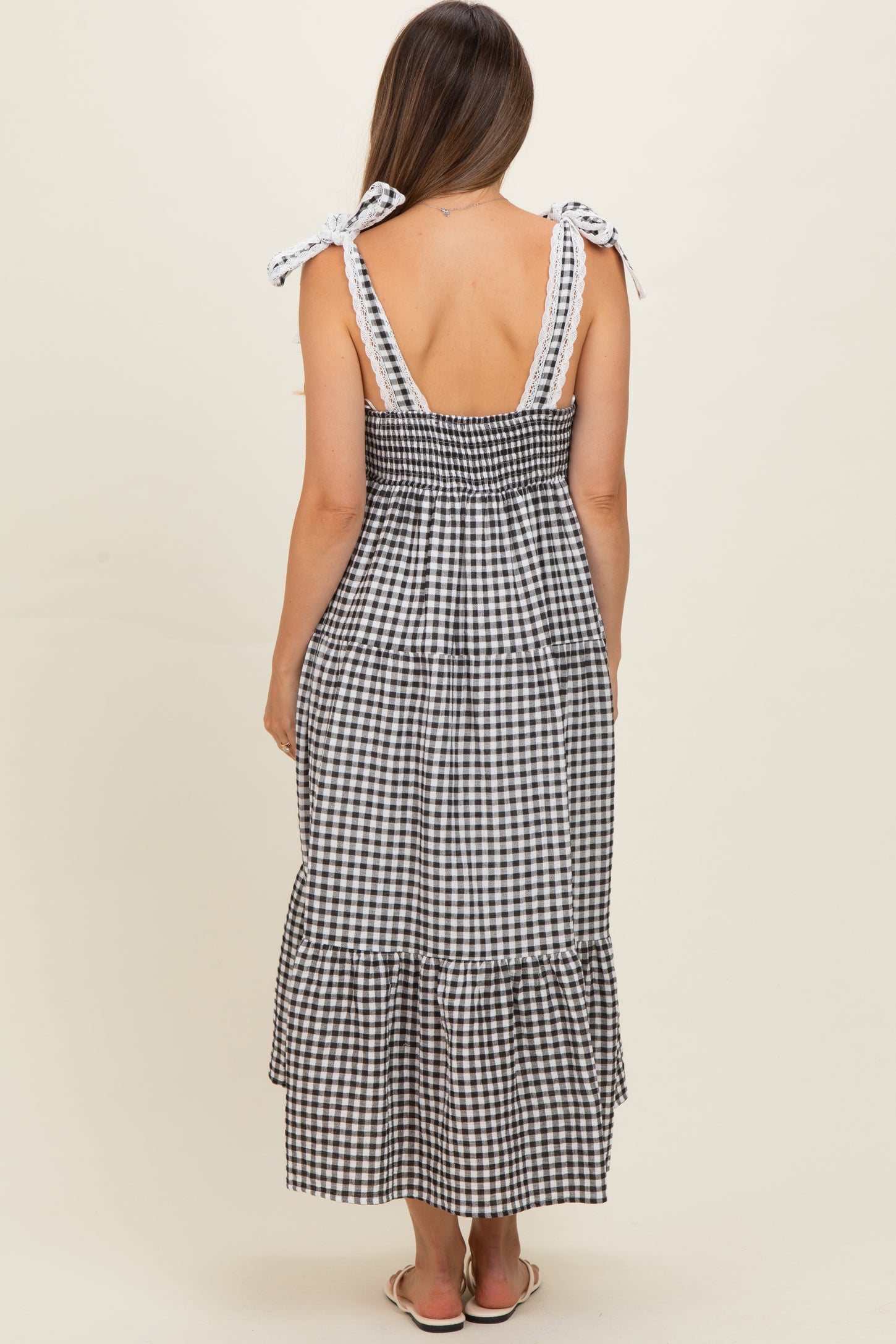 Black Gingham Lace Trim Shoulder Tie Maternity Maxi Dress