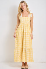 Yellow Gingham Lace Trim Shoulder Tie Maternity Maxi Dress