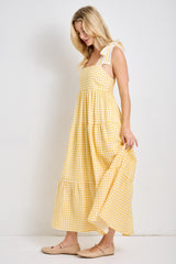 Yellow Gingham Lace Trim Shoulder Tie Maxi Dress