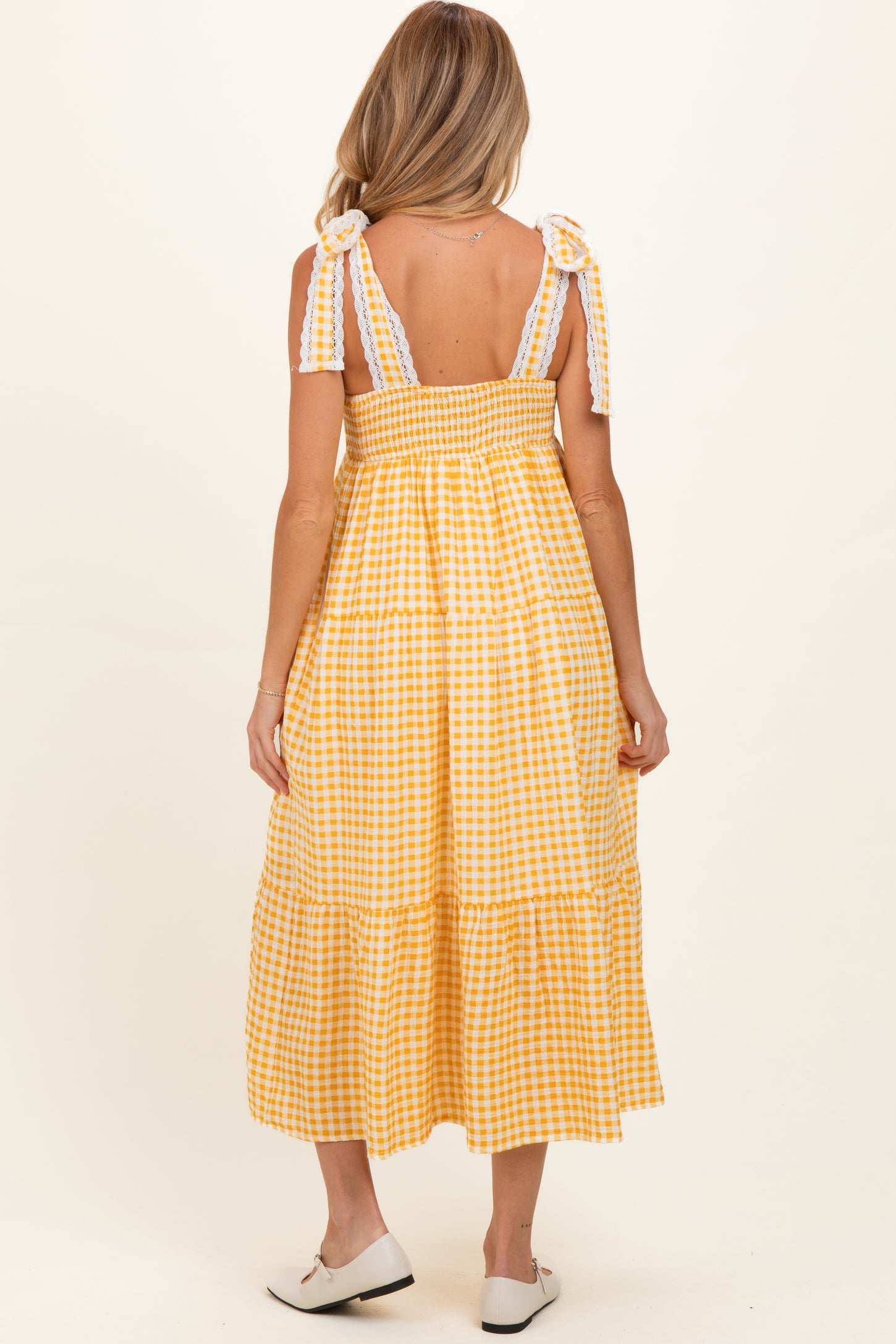 Yellow Gingham Lace Trim Shoulder Tie Maternity Maxi Dress
