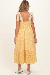 Yellow Gingham Lace Trim Shoulder Tie Maternity Maxi Dress