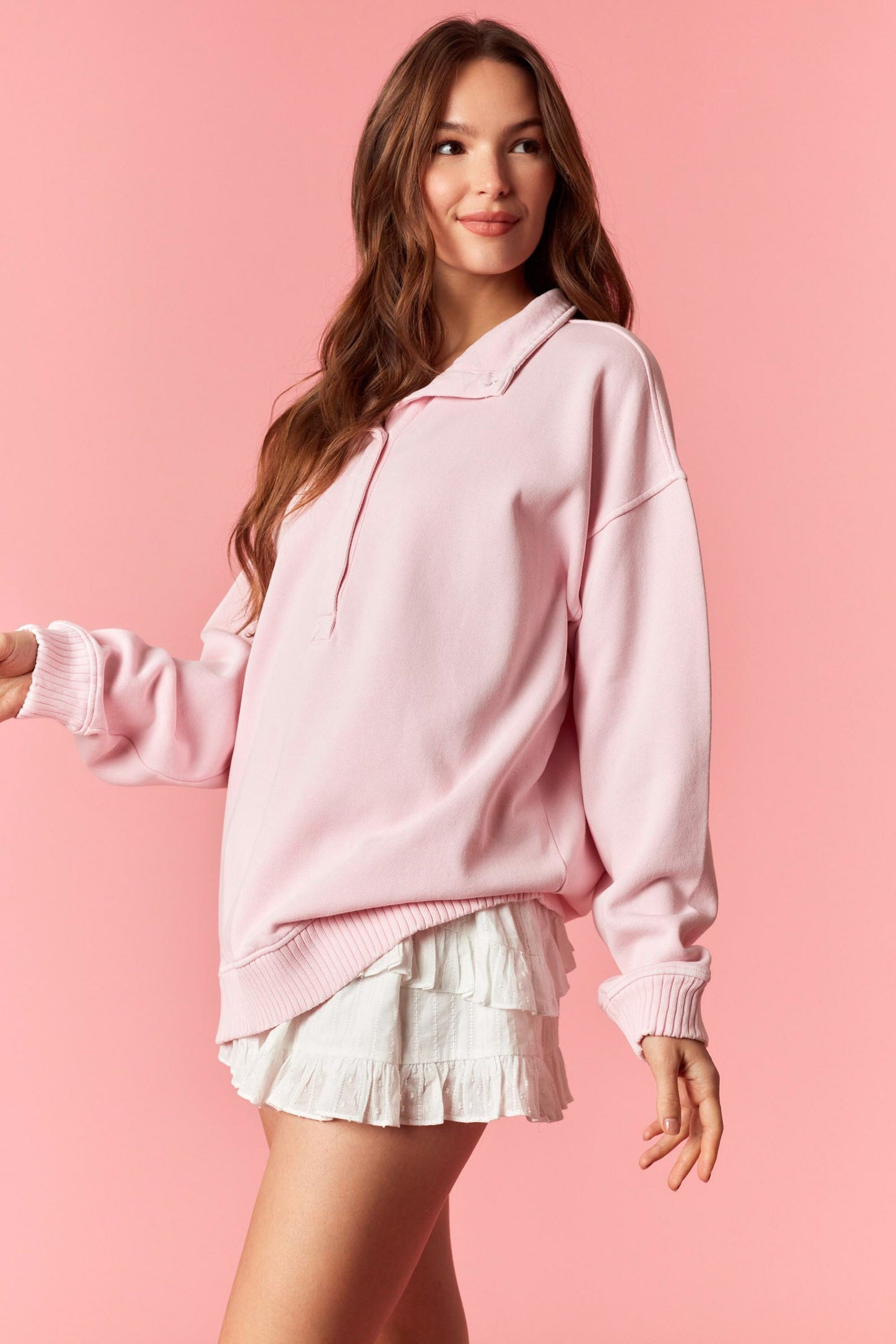 Light Pink Snap Collar Oversized Sweatshirt