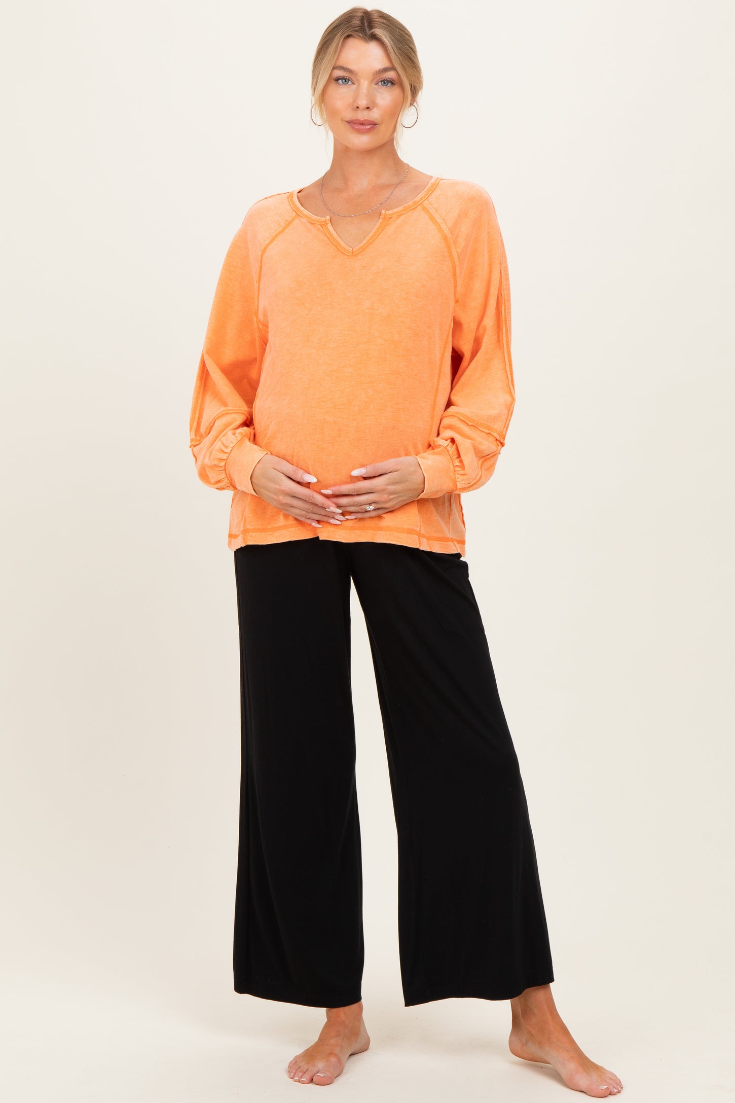 Citrus Orange Mineral Wash Exposed Seam Maternity Top