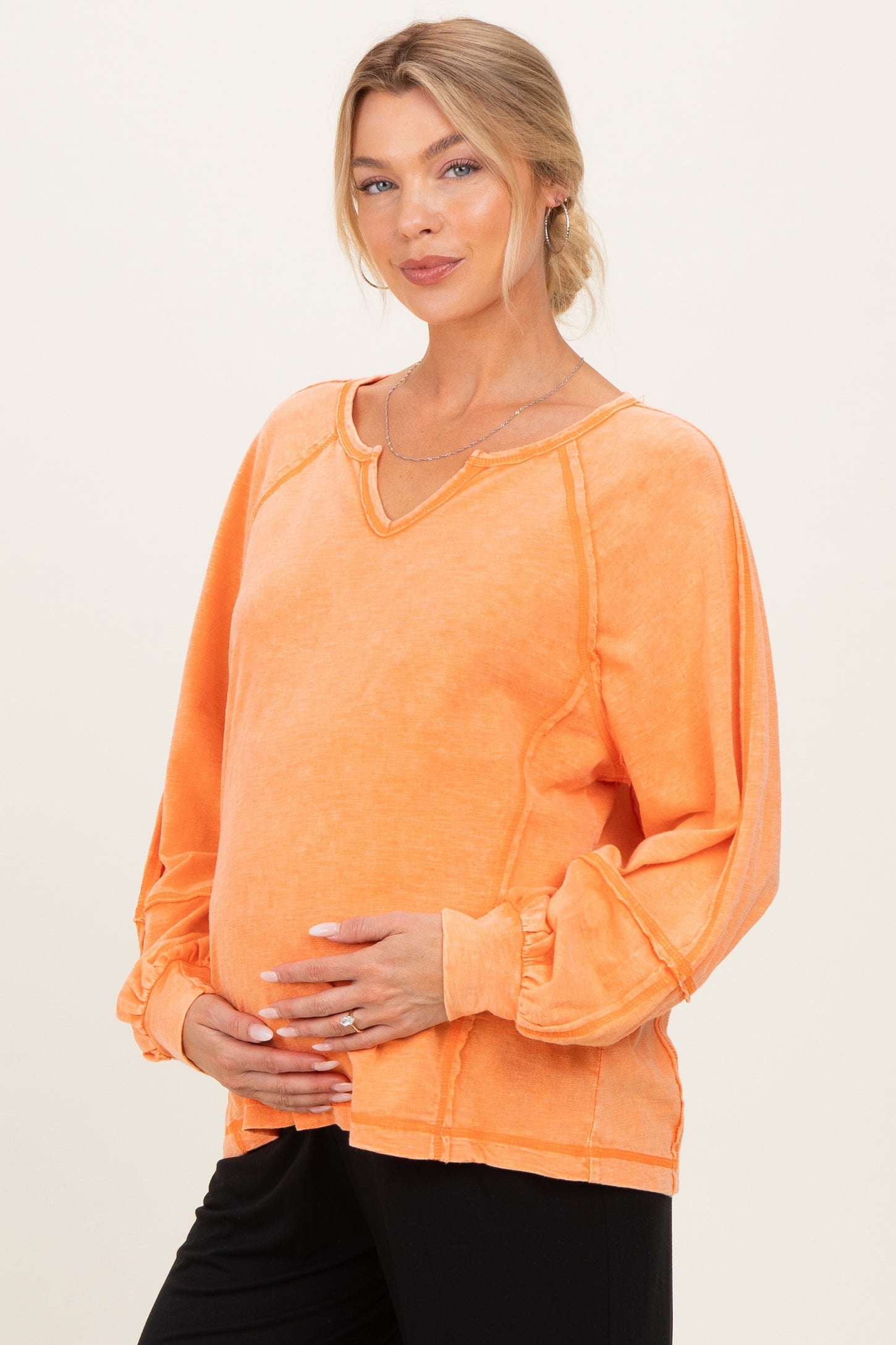 Citrus Orange Mineral Wash Exposed Seam Maternity Top