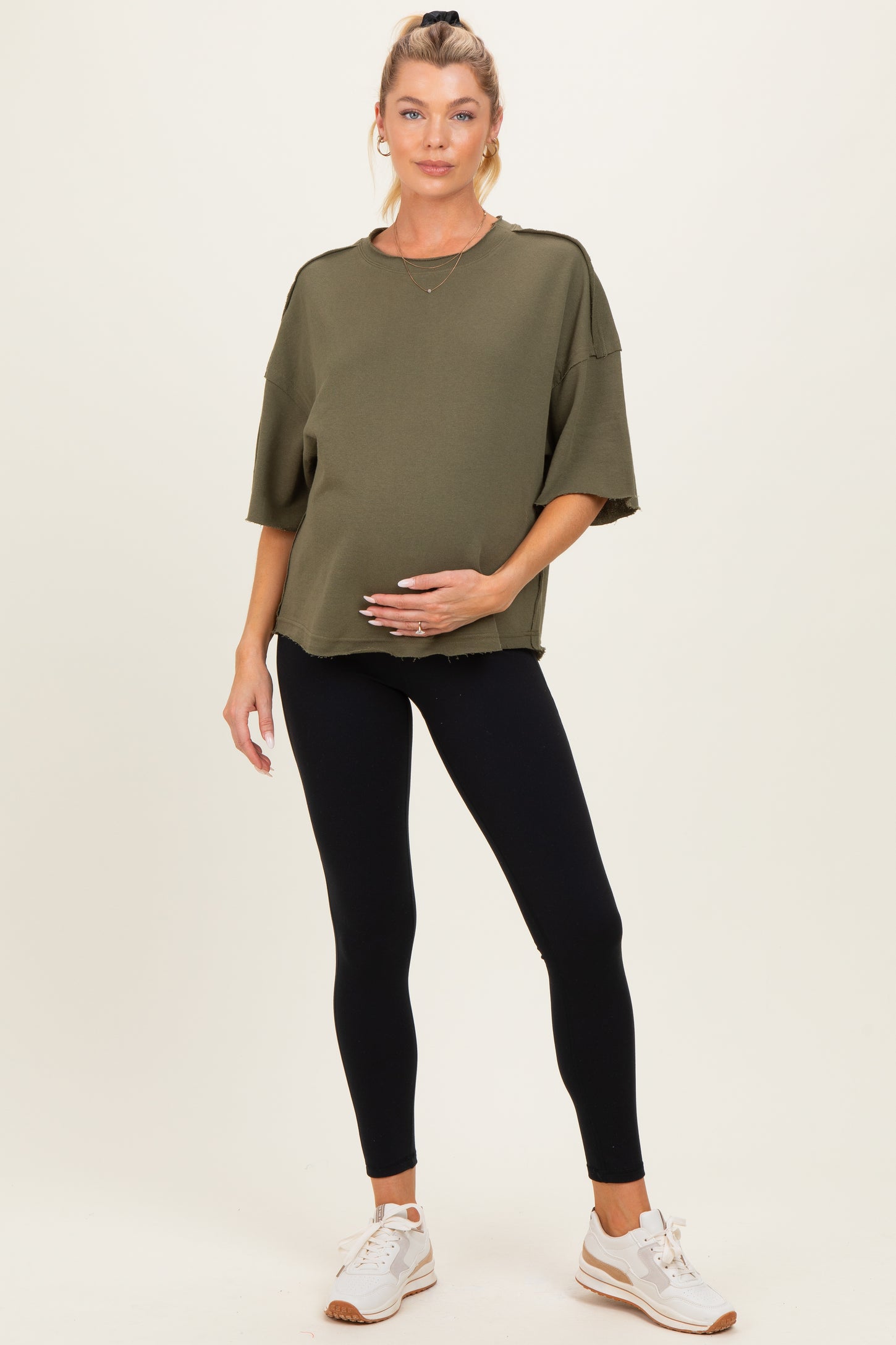Olive Raw Cut Edge Maternity Boxy Tee
