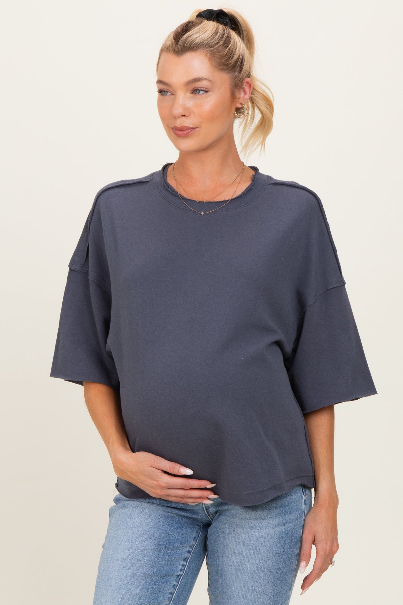 Denim Blue Raw Cut Edge Maternity Boxy Tee