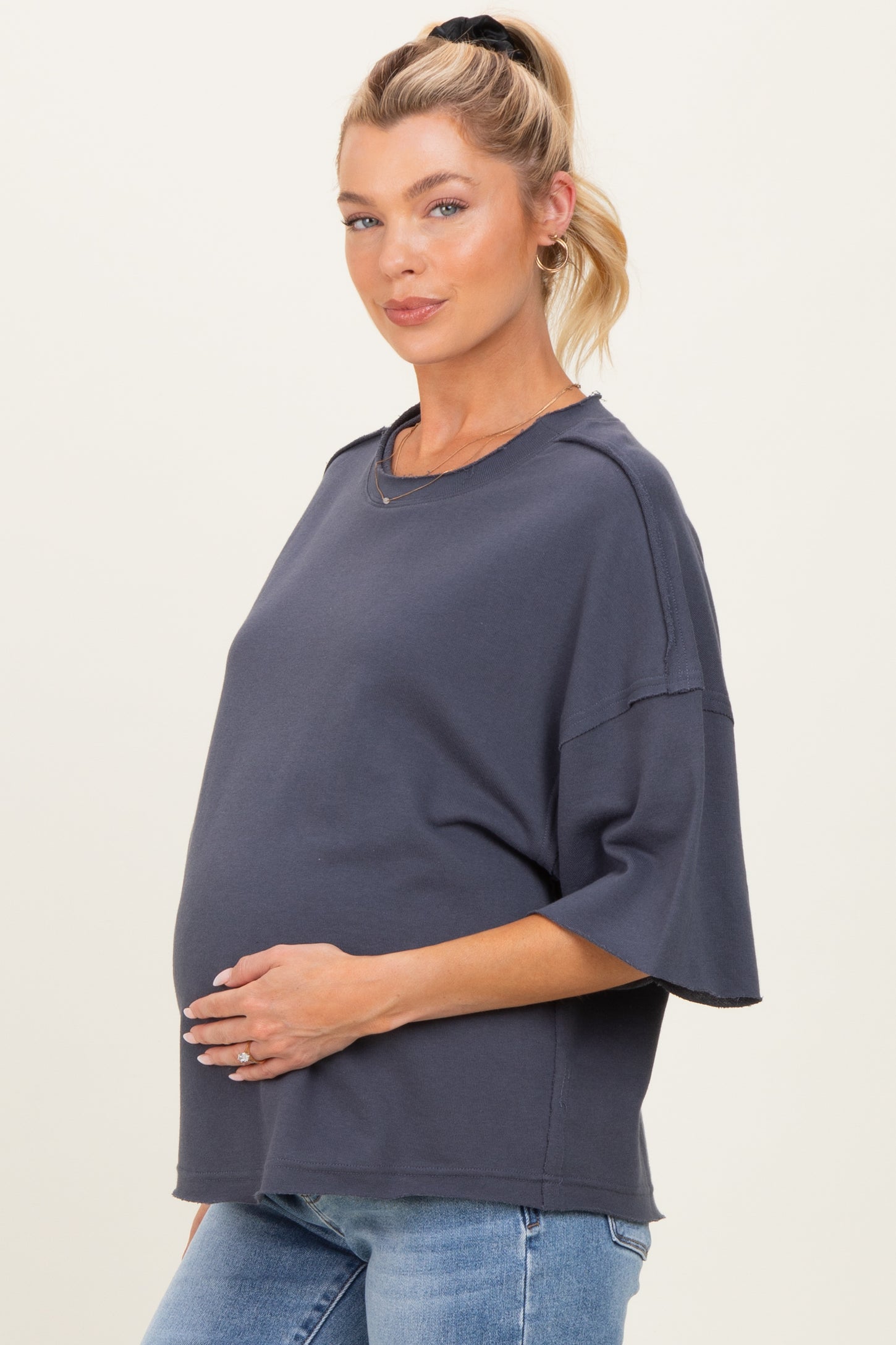 Denim Blue Raw Cut Edge Maternity Boxy Tee