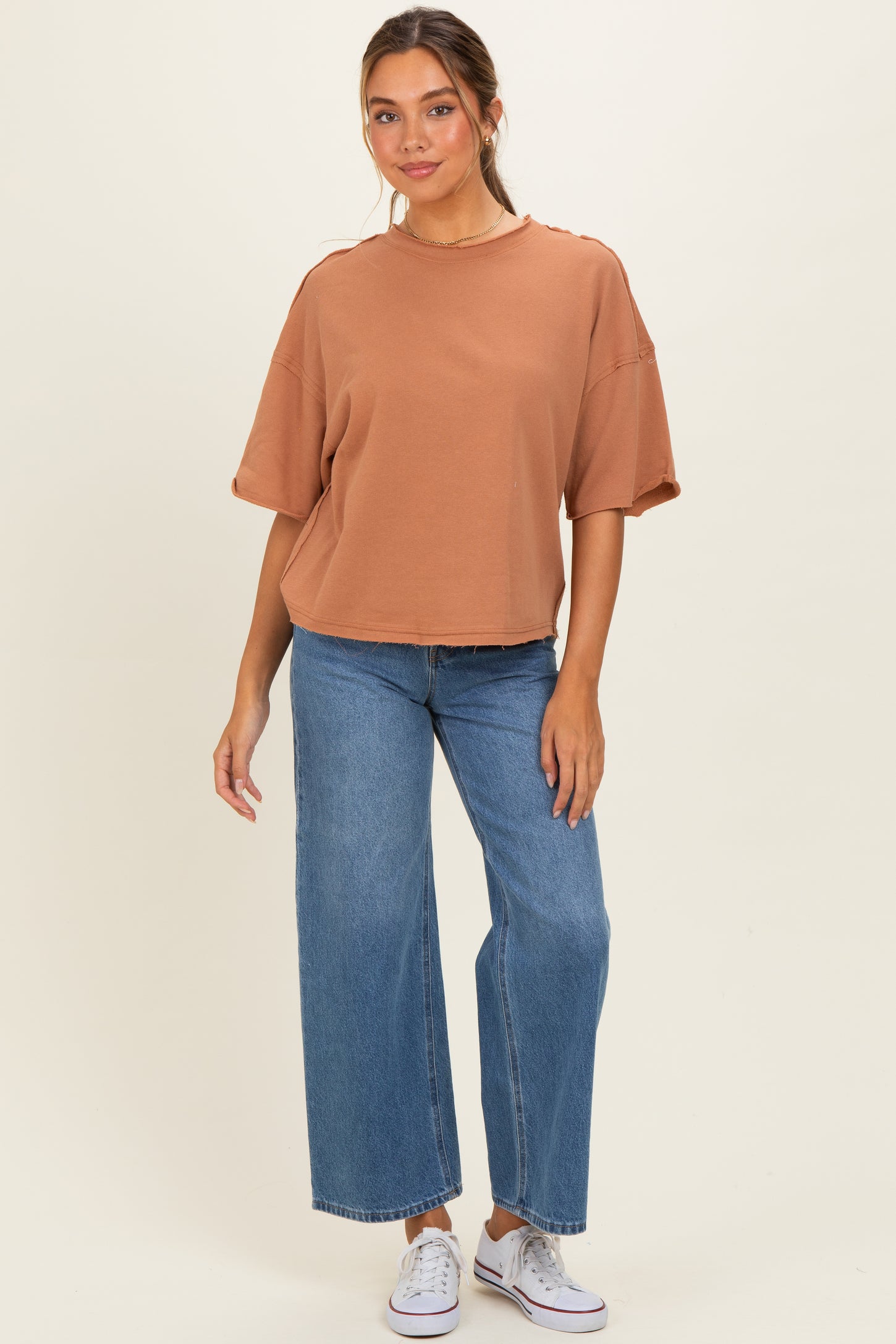 Mocha Raw Cut Edge Boxy Tee
