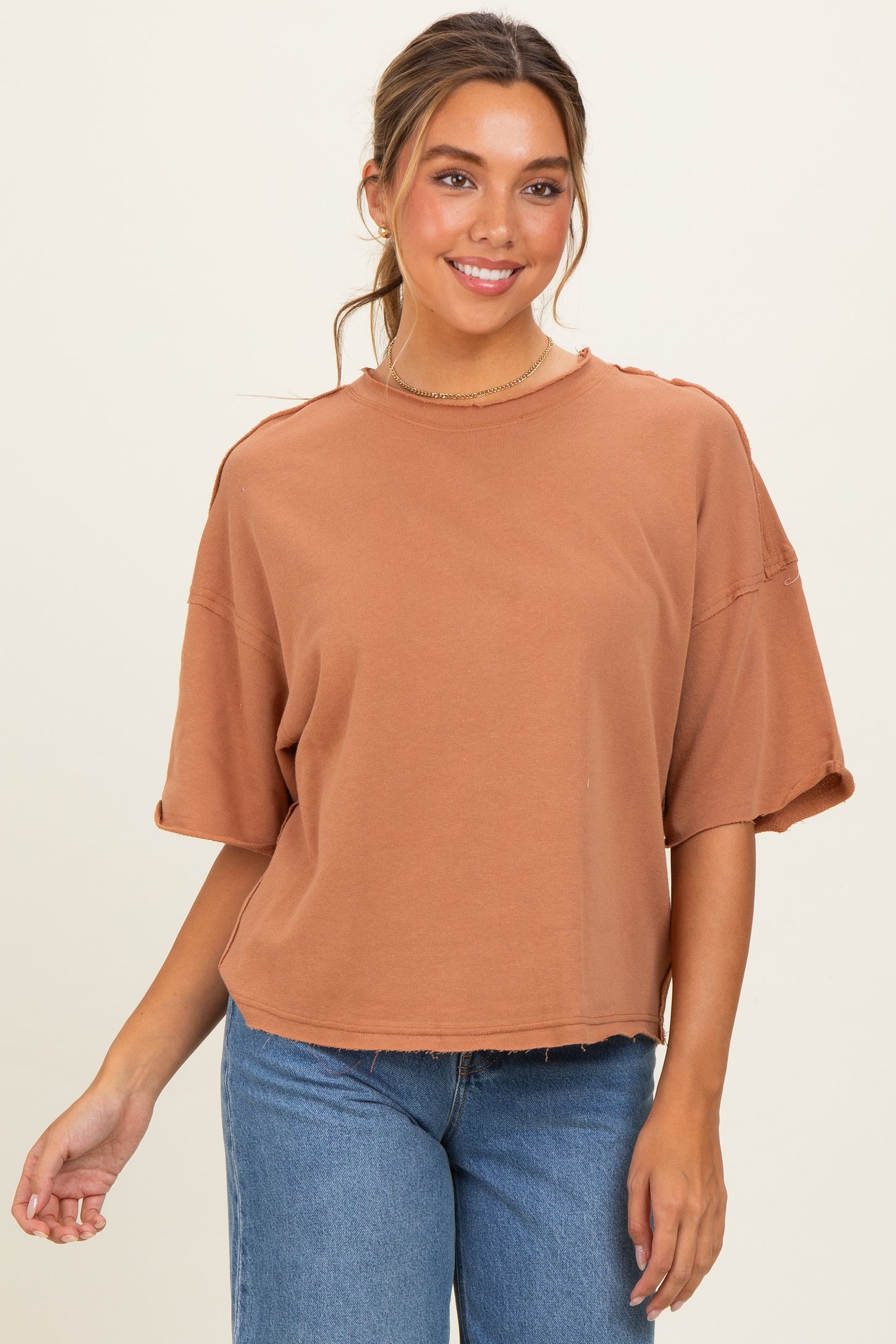 Mocha Raw Cut Edge Maternity Boxy Tee