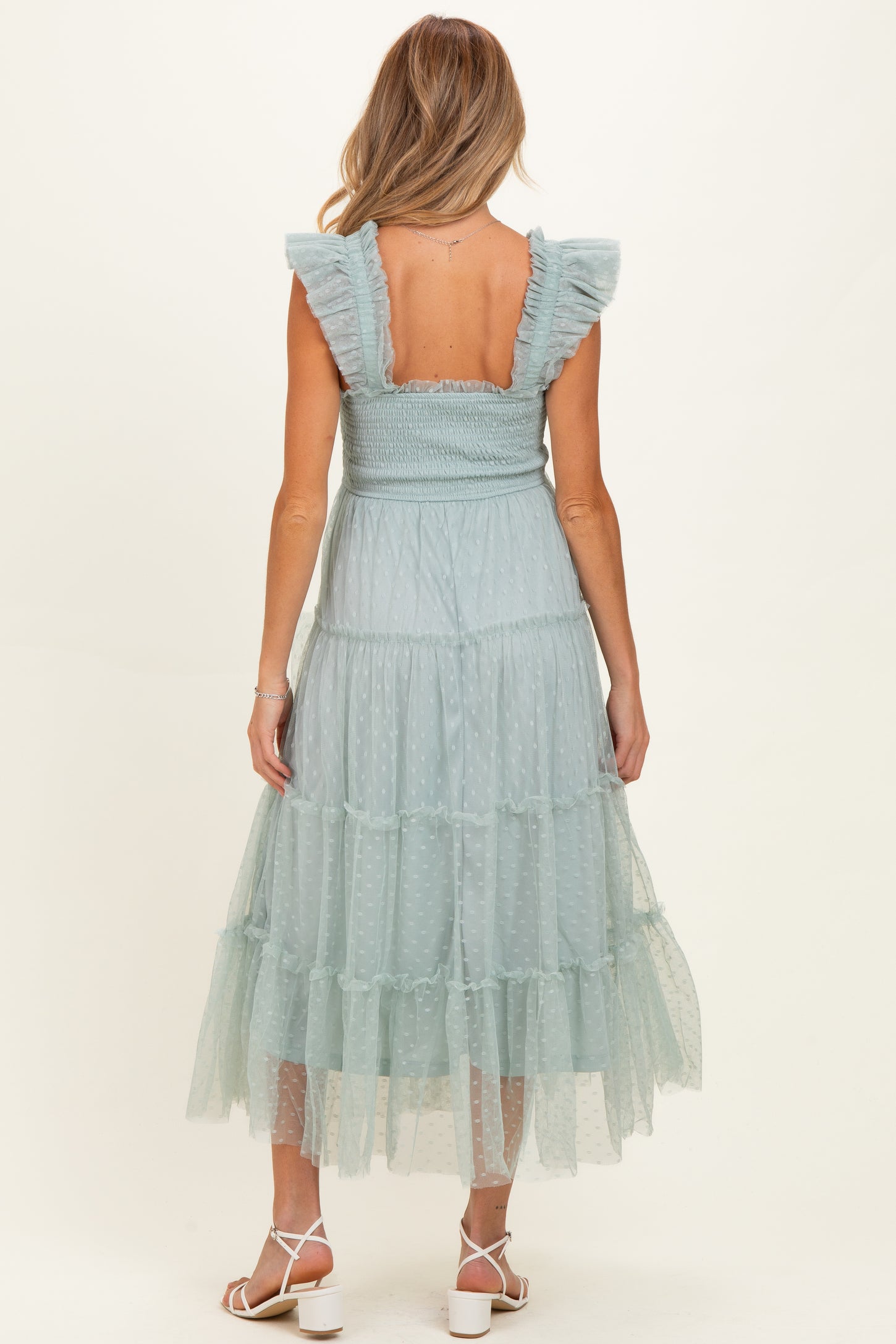 Sage Smocked Polka Dot Tulle Maternity Midi Dress