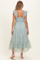 Sage Smocked Polka Dot Tulle Maternity Midi Dress