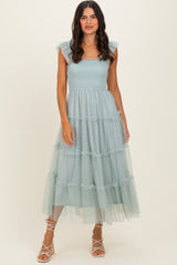 Sage Smocked Polka Dot Tulle Maternity Midi Dress
