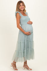 Sage Smocked Polka Dot Tulle Maternity Midi Dress