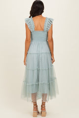 Sage Smocked Polka Dot Tulle Midi Dress