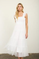 White Smocked Polka Dot Tulle Midi Dress