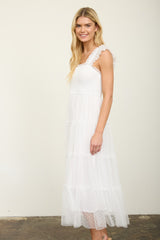 White Smocked Polka Dot Tulle Midi Dress