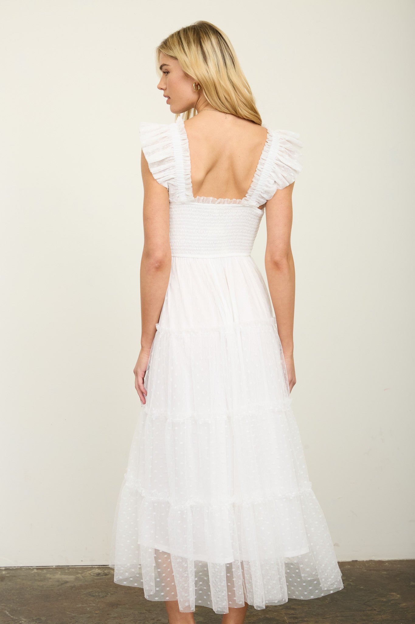 White Smocked Polka Dot Tulle Midi Dress