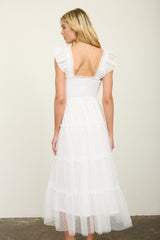 White Smocked Polka Dot Tulle Midi Dress